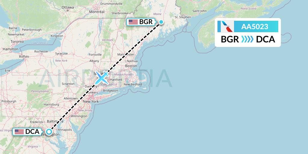 AA5023 American Airlines Flight Map: Bangor to Washington