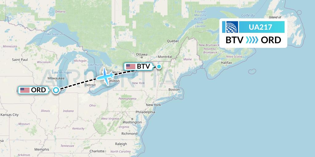 UA217 United Airlines Flight Map: Burlington to Chicago