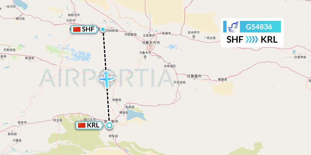 G54836 China Express Airlines Flight Map: Shihezi to Korla