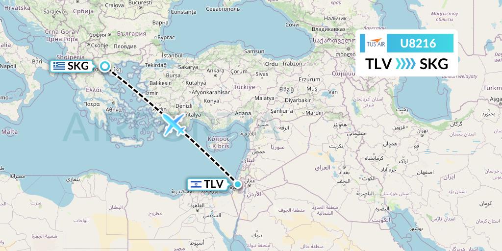 U8216 Tus Airways Flight Map: Tel Aviv to Thessaloniki