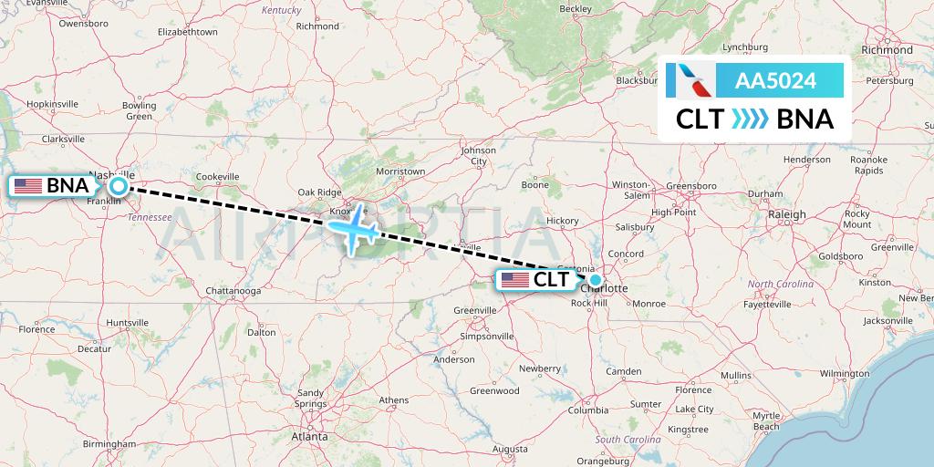 AA5024 American Airlines Flight Map: Charlotte to Nashville