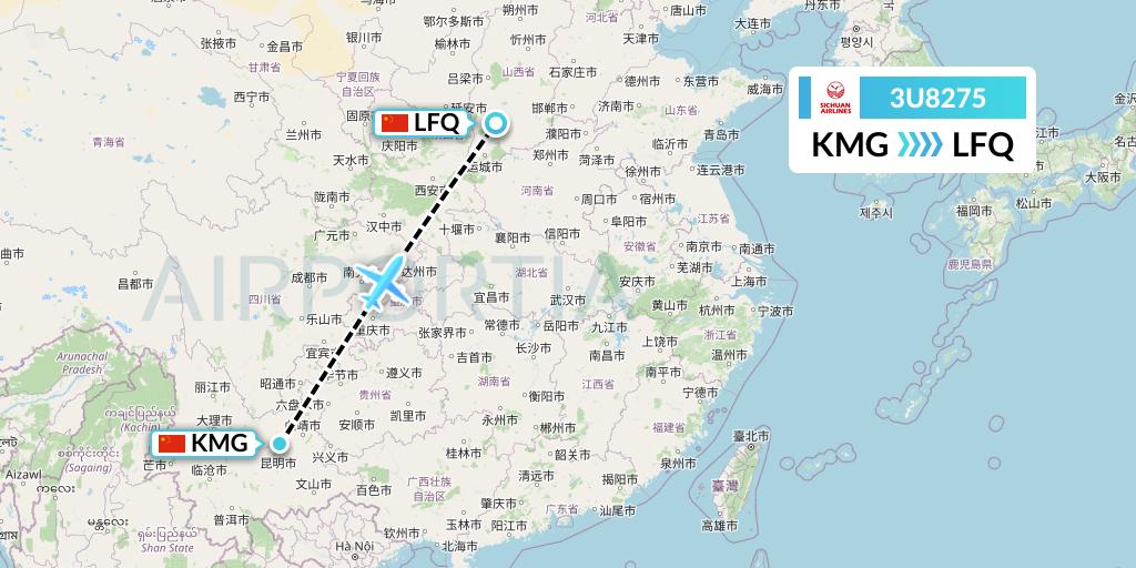 3U8275 Sichuan Airlines Flight Map: Kunming to Yulin