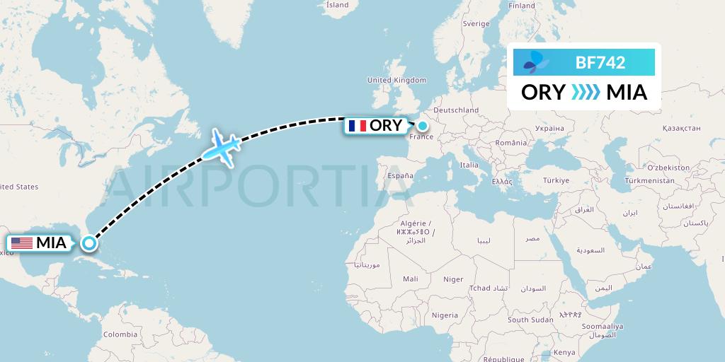 BF742 French Blue Flight Map: Paris to Miami