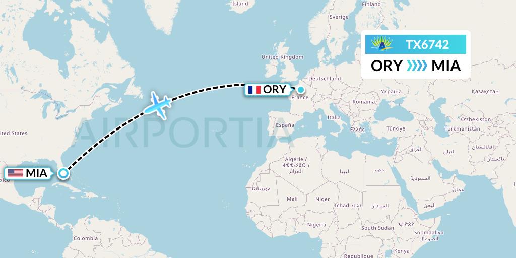TX6742 Air Caraibes Flight Map: Paris to Miami
