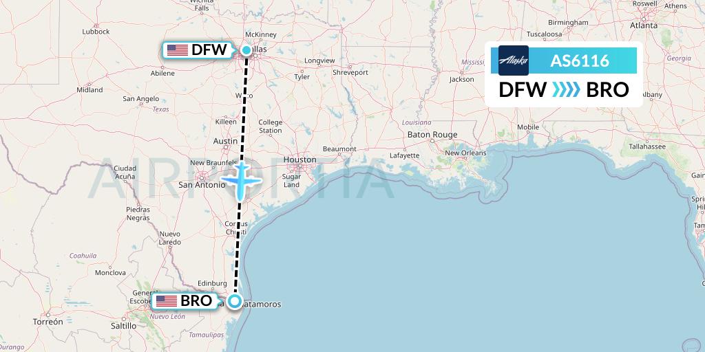 AS6116 Alaska Airlines Flight Map: Dallas to Brownsville