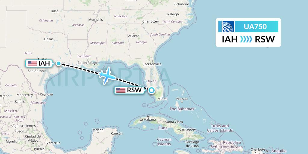 UA750 United Airlines Flight Map: Houston to Fort Myers