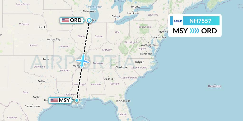 NH7557 All Nippon Airways Flight Map: New Orleans to Chicago