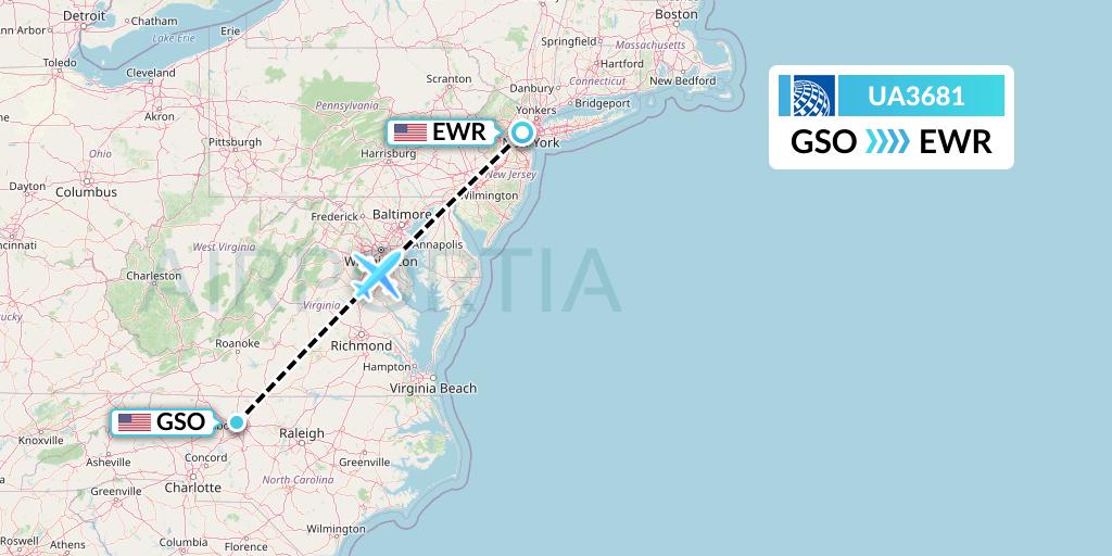 UA3681 United Airlines Flight Map: Greensboro to New York
