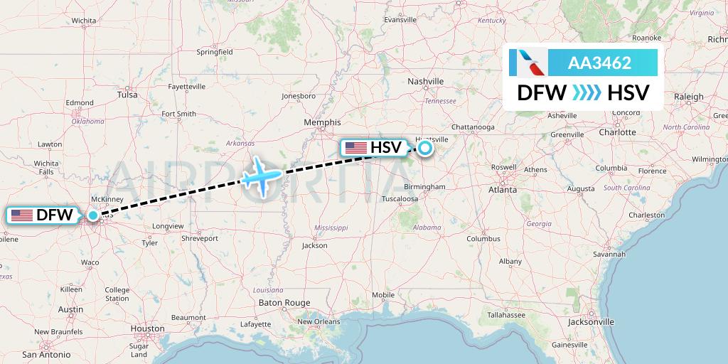AA3462 American Airlines Flight Map: Dallas to Huntsville