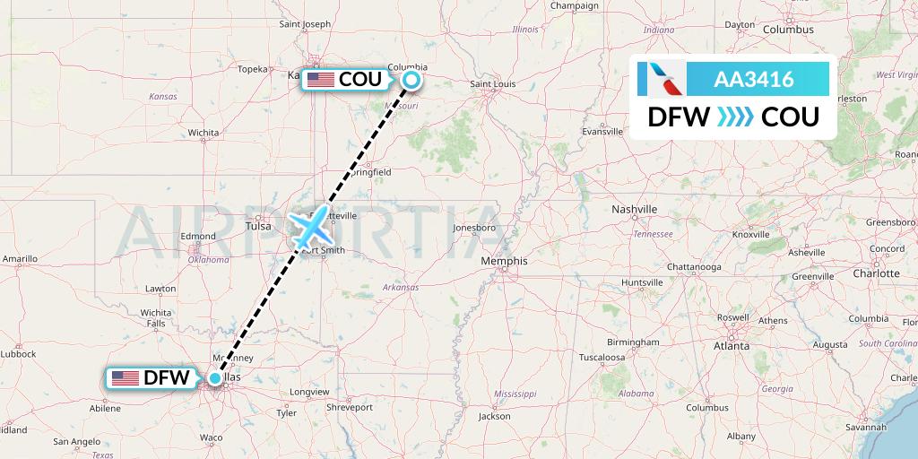 AA3416 American Airlines Flight Map: Dallas to Columbia