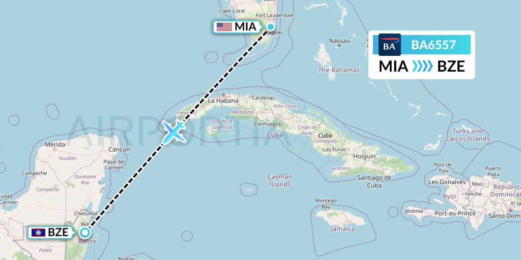 BA6557 British Airways Flight Map: Miami to Belize City