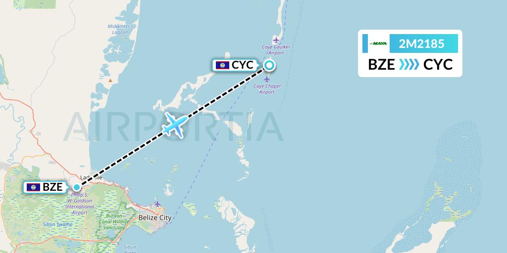 2M2185 Maya Island Air Flight Map: Belize City to Caye Chapel