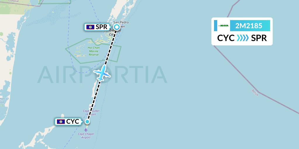 2M2185 Maya Island Air Flight Map: Caye Chapel to San Pedro