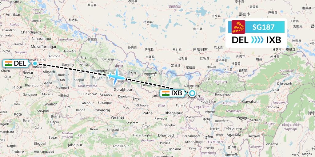 SG187 SpiceJet Flight Map: Delhi to Siliguri