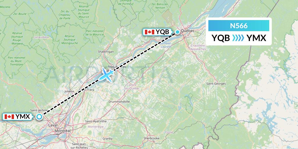 N566 Nolinor Aviation Flight Map: Quebec to Montreal