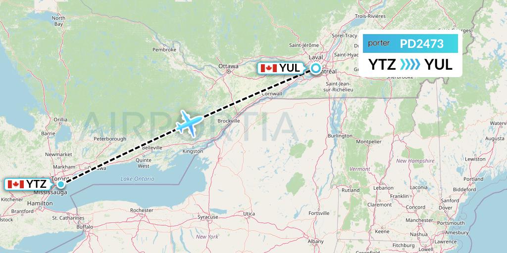PD2473 Porter Airlines Flight Map: Toronto to Montreal