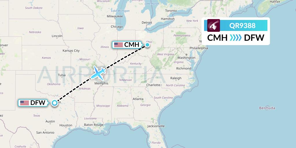 QR9388 Qatar Airways Flight Map: Columbus to Dallas