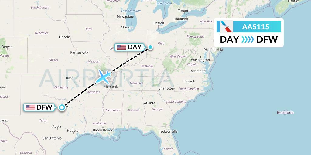 AA5115 American Airlines Flight Map: Dayton to Dallas