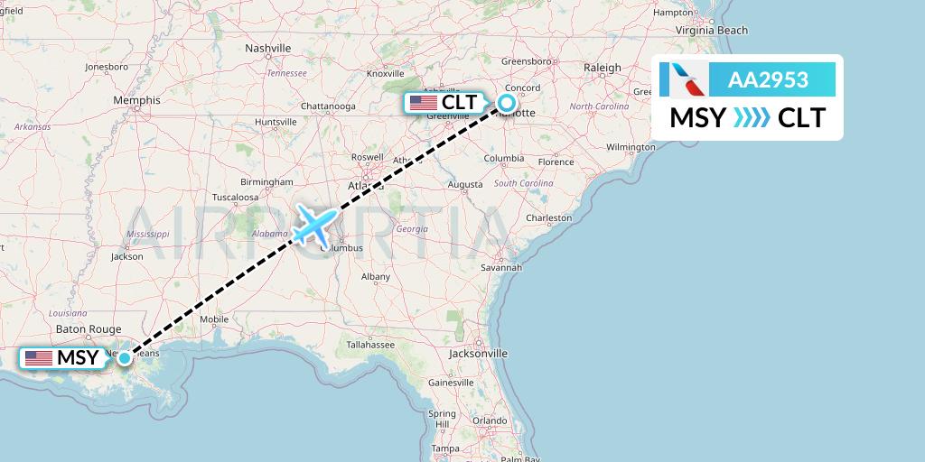 AA2953 American Airlines Flight Map: New Orleans to Charlotte