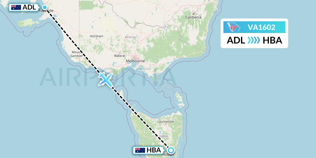 VA1602 Virgin Australia Flight Map: Adelaide to Hobart