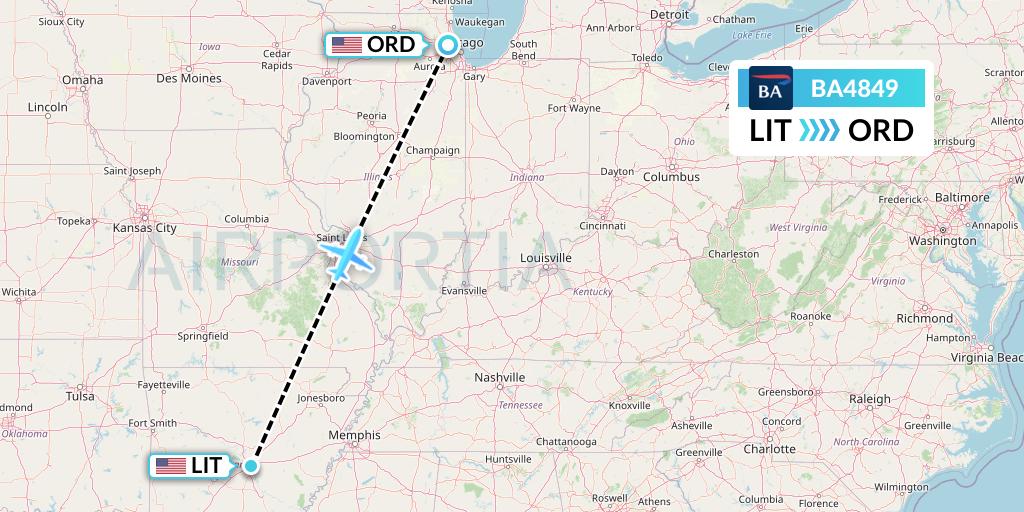 BA4849 British Airways Flight Map: Little Rock to Chicago