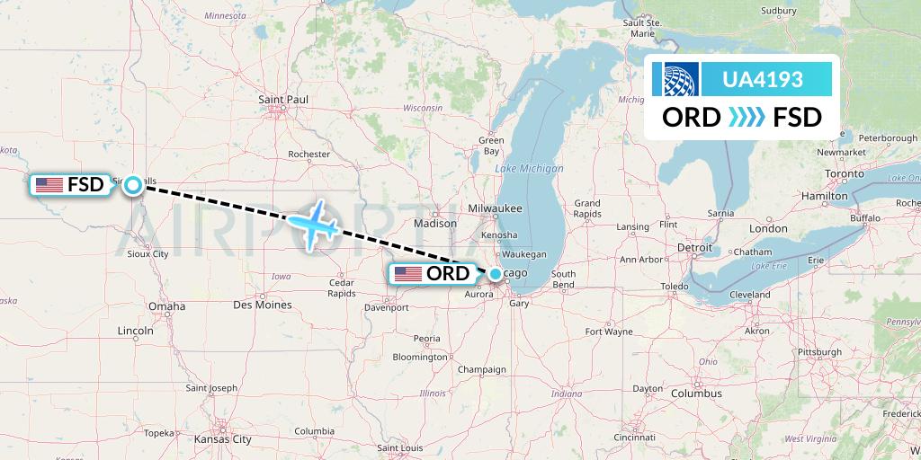 UA4193 United Airlines Flight Map: Chicago to Sioux Falls