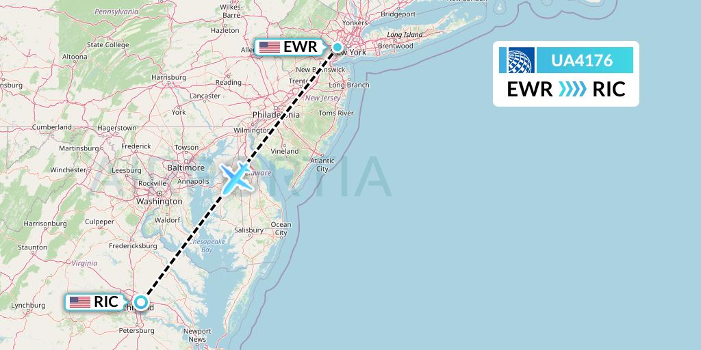 UA4176 United Airlines Flight Map: New York to Richmond