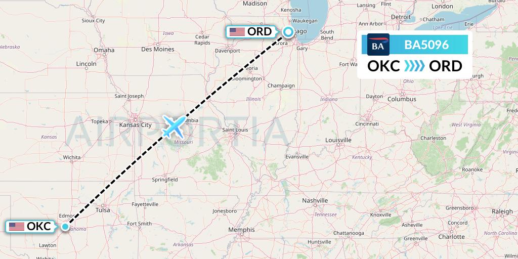 BA5096 British Airways Flight Map: Oklahoma City to Chicago