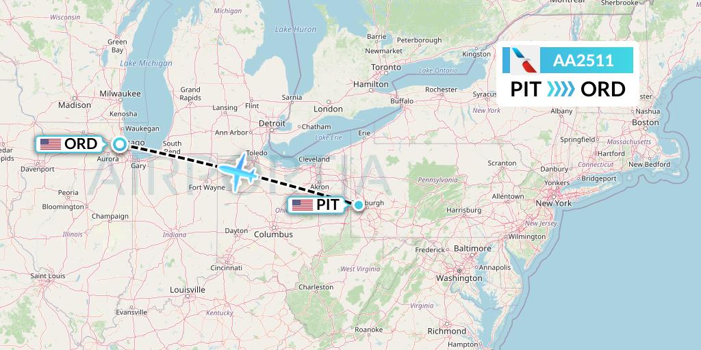 AA2511 American Airlines Flight Map: Pittsburgh to Chicago