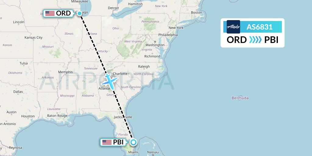 AS6831 Alaska Airlines Flight Map: Chicago to West Palm Beach