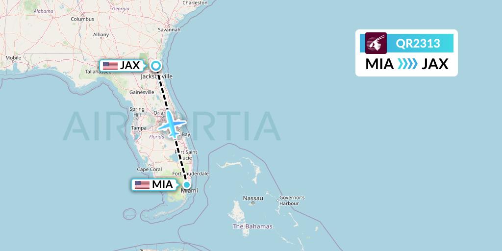QR2313 Qatar Airways Flight Map: Miami to Jacksonville