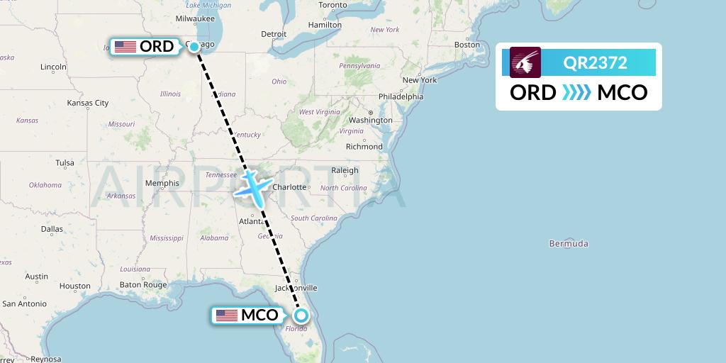 QR2372 Qatar Airways Flight Map: Chicago to Orlando