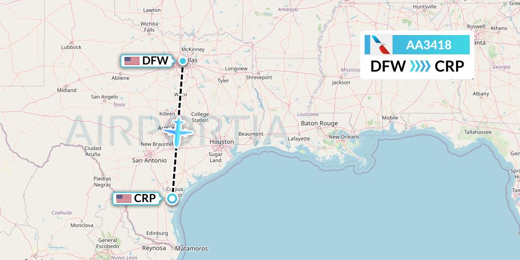 AA3418 American Airlines Flight Map: Dallas to Corpus Christi