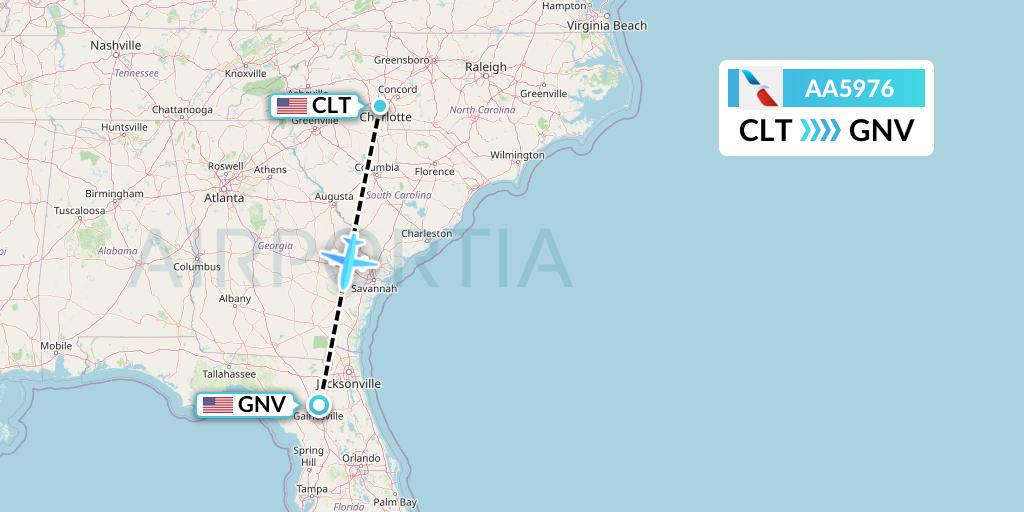 AA5976 American Airlines Flight Map: Charlotte to Gainesville