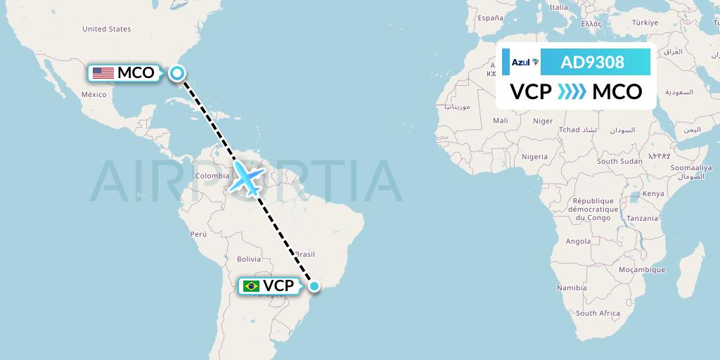 AD9308 Azul Brazilian Airlines Flight Map: Campinas to Orlando