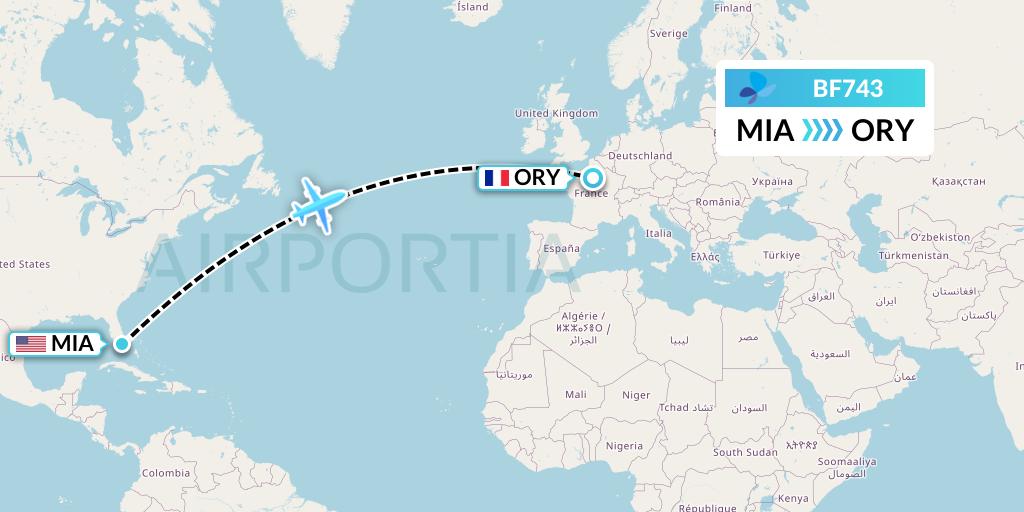 BF743 French Blue Flight Map: Miami to Paris