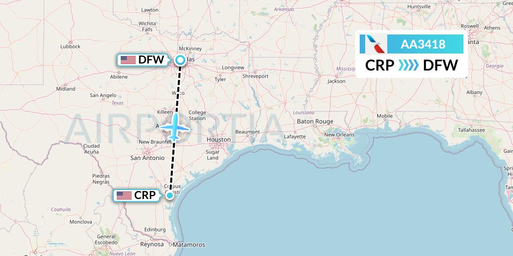 AA3418 American Airlines Flight Map: Corpus Christi to Dallas