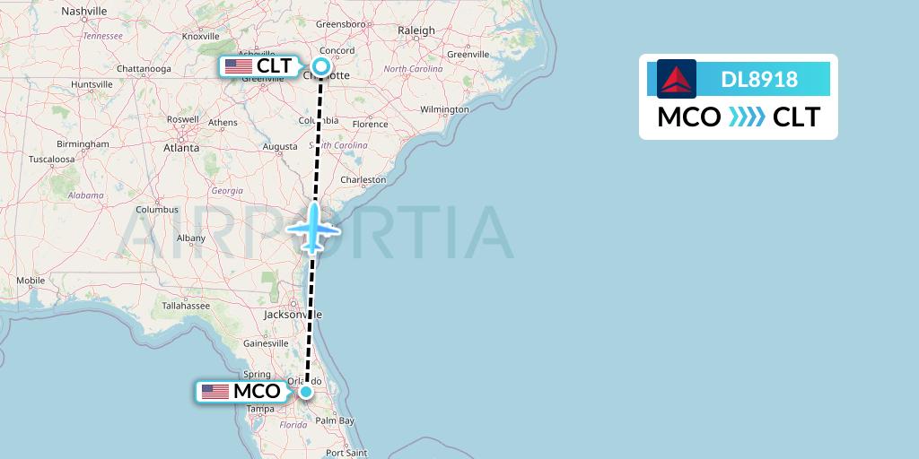 DL8918 Delta Air Lines Flight Map: Orlando to Charlotte