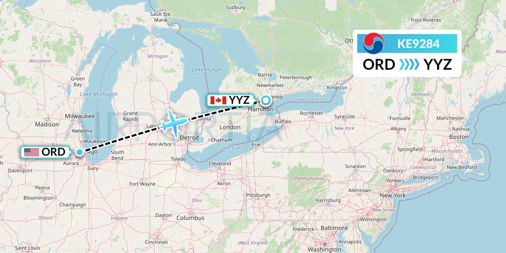 KE9284 Korean Air Flight Map: Chicago to Toronto