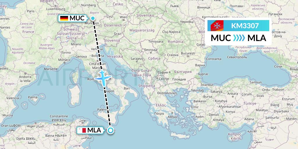 KM3307 Air Malta Flight Map: Munich to Malta
