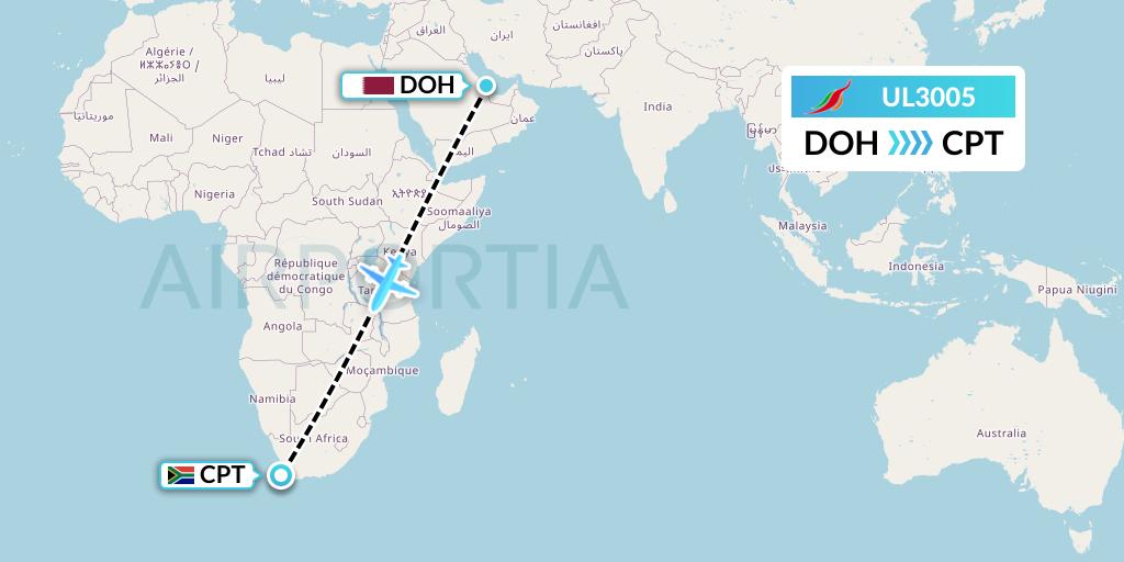 UL3005 SriLankan Airlines Flight Map: Doha to Cape Town
