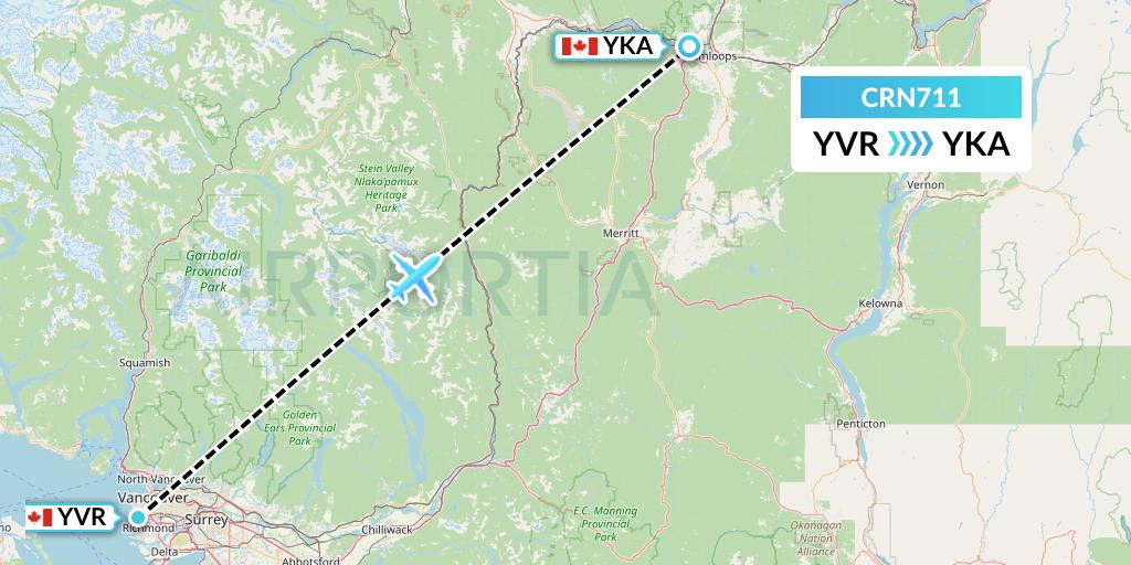 CRN711 Aerocaribbean Flight Map: Vancouver to Kamloops