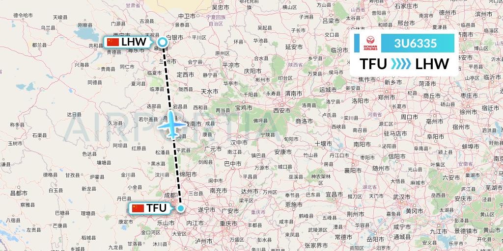 3U6335 Sichuan Airlines Flight Map: Chengdu to Lanzhou