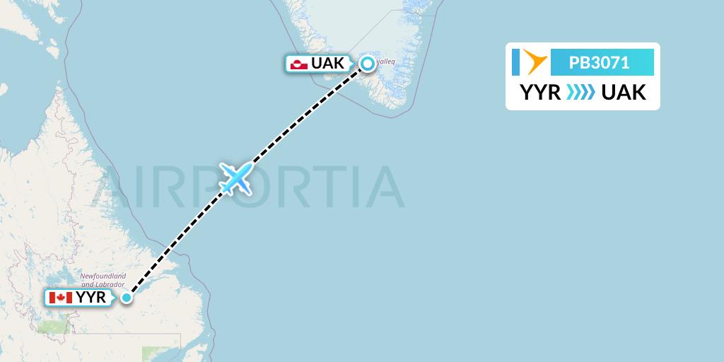 PB3071 PAL Airlines Flight Map: Goose Bay to Narsarsuaq
