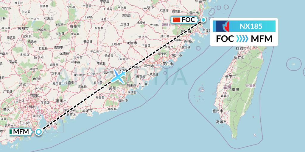 NX185 Air Macau Flight Map: Fuzhou to Macau