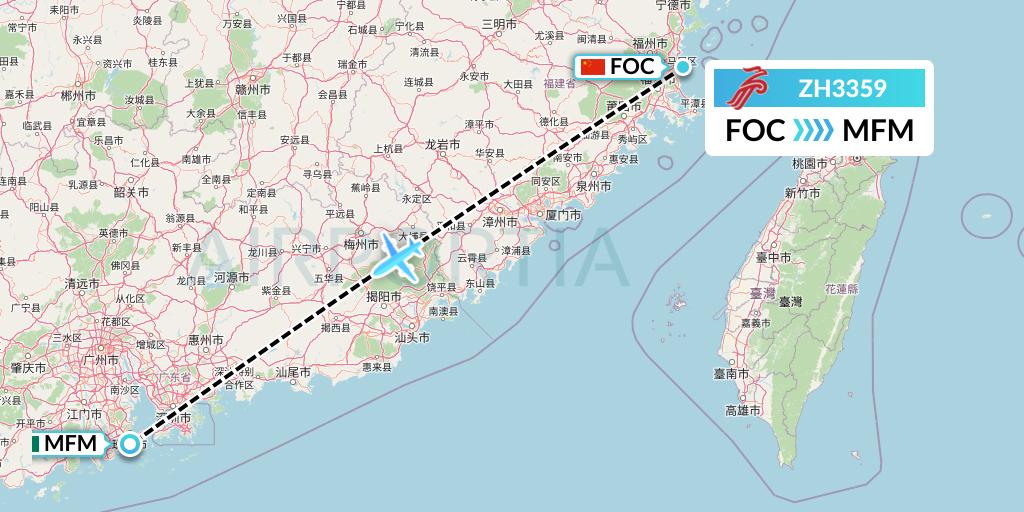 ZH3359 Shenzhen Airlines Flight Map: Fuzhou to Macau