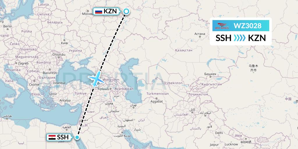 WZ3028 Red Wings Flight Map: Sharm el-Sheikh to Kazan