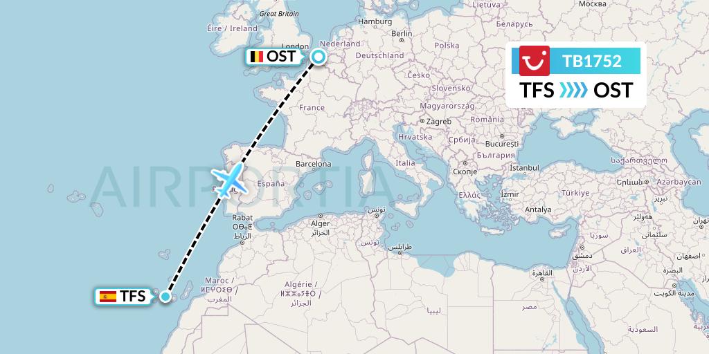 TB1752 TUI fly Belgium Flight Map: Tenerife to Ostend