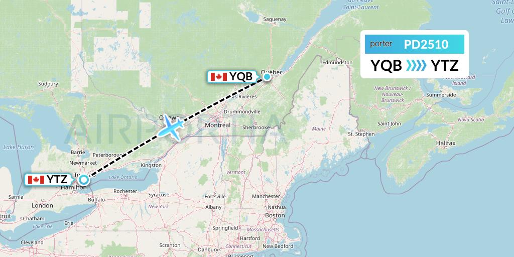 PD2510 Porter Airlines Flight Map: Quebec to Toronto