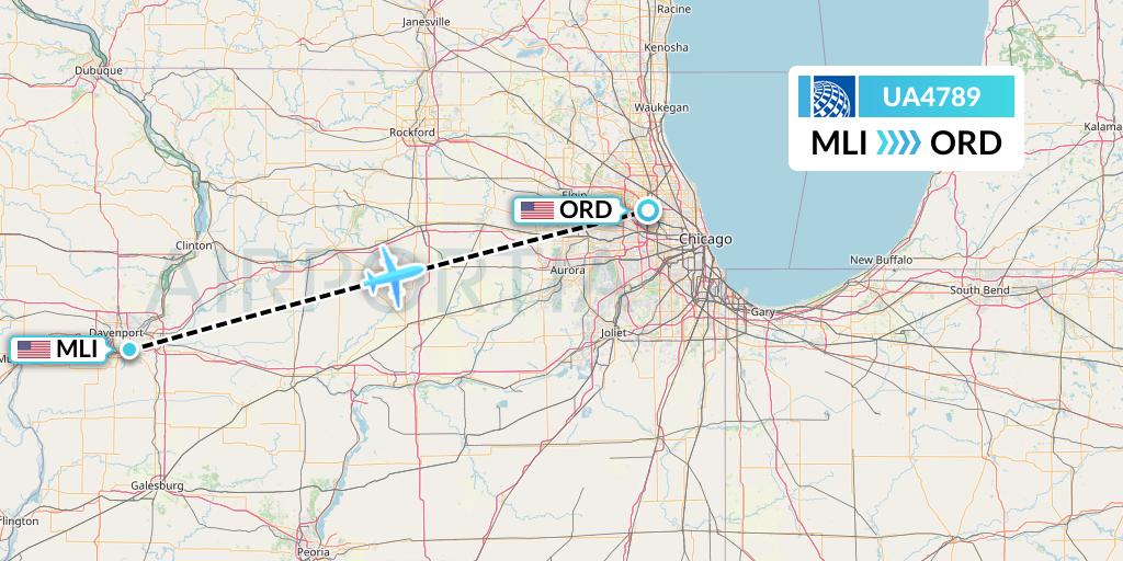 UA4789 United Airlines Flight Map: Moline to Chicago